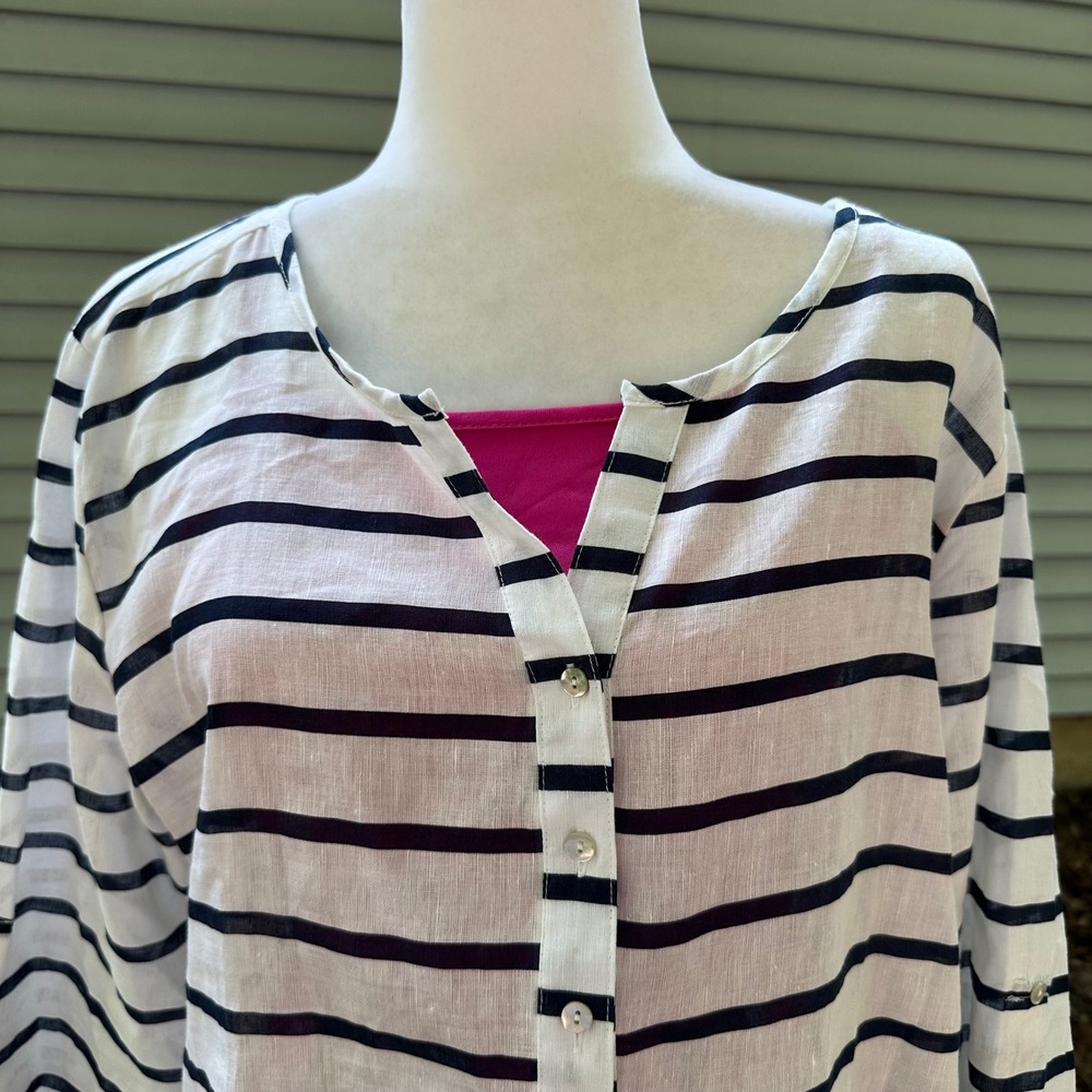 Hester & Orchard Linen Blend Tunic Top B&W Striped 3/4 Sleeve Button‎ Up Size L - Picture 2 of 12